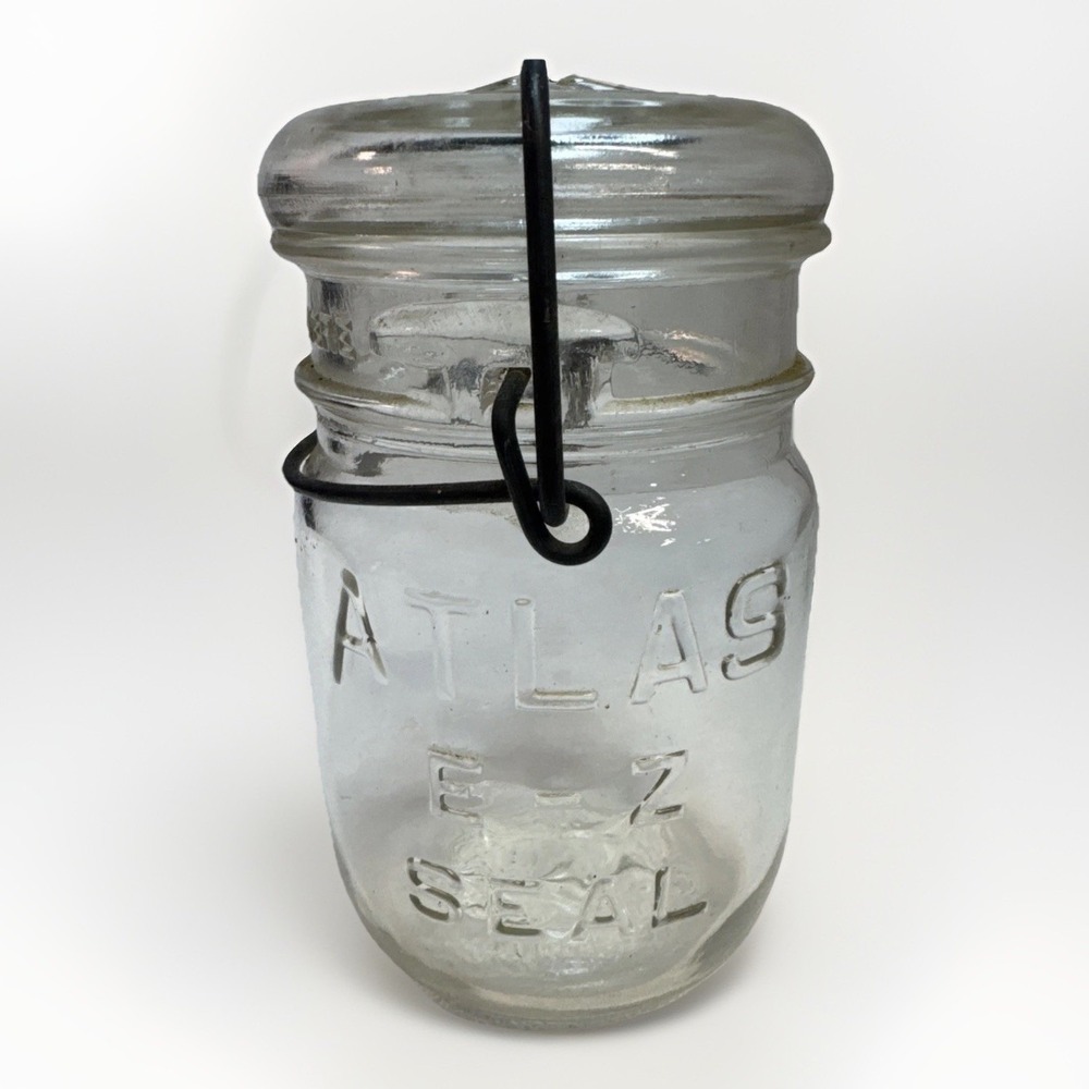 Vintage Hazel ATLAS E-Z Seal Clear Glass Jar with Wire Bail & Lid 6"